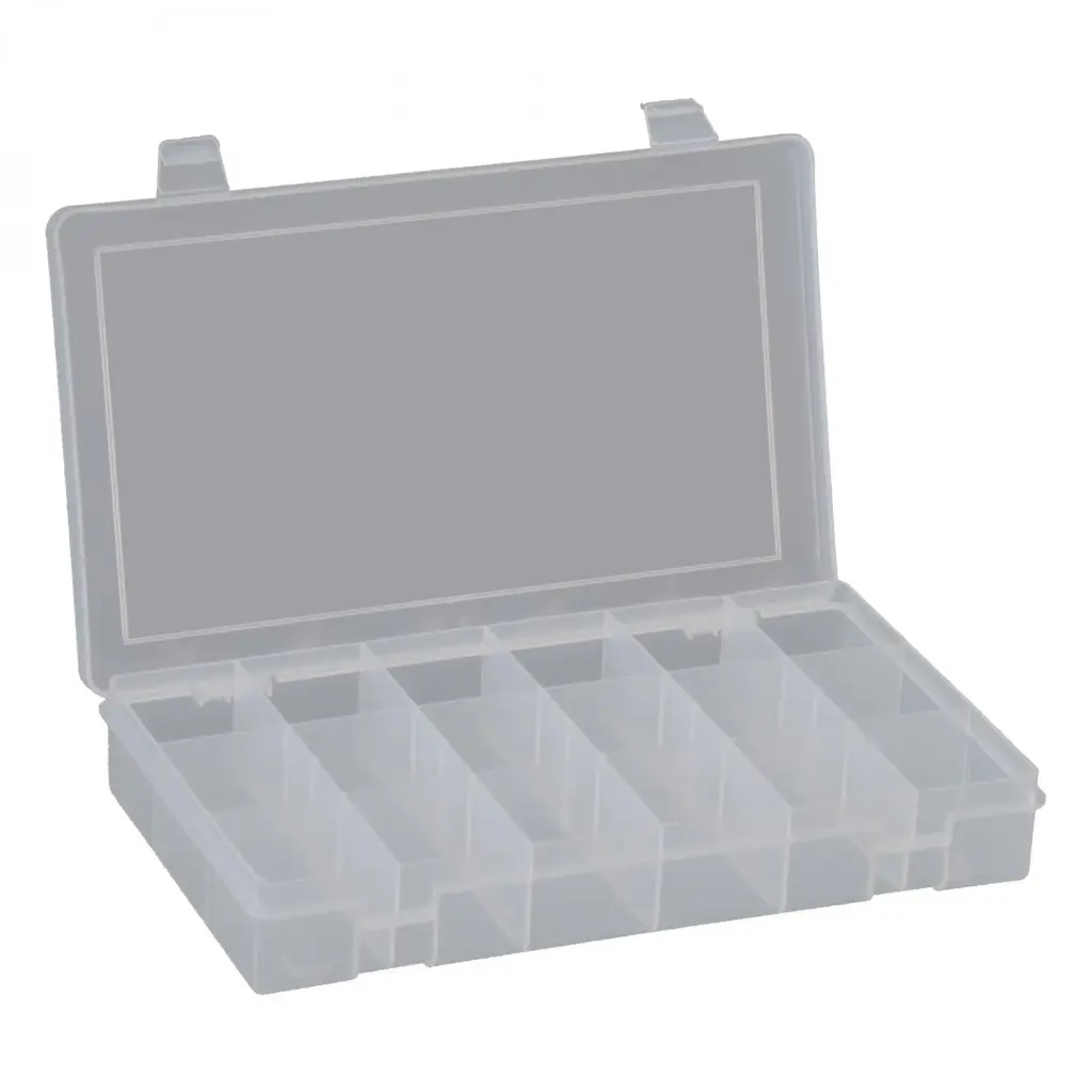 18 Compartment Small Plastic Box [WxDxH:10-13/16 x 6-3/4 x 1-3/4] (Durham)