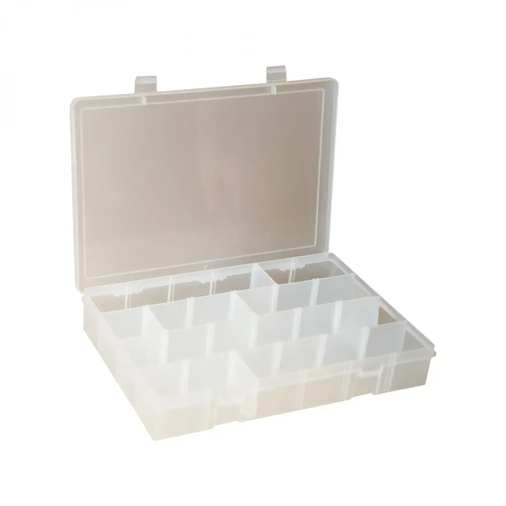 Adjustable Compartment Small Plastic Box [WxDxH:10-13/16 x 6-3/4 x 1-3/4] (Durham)