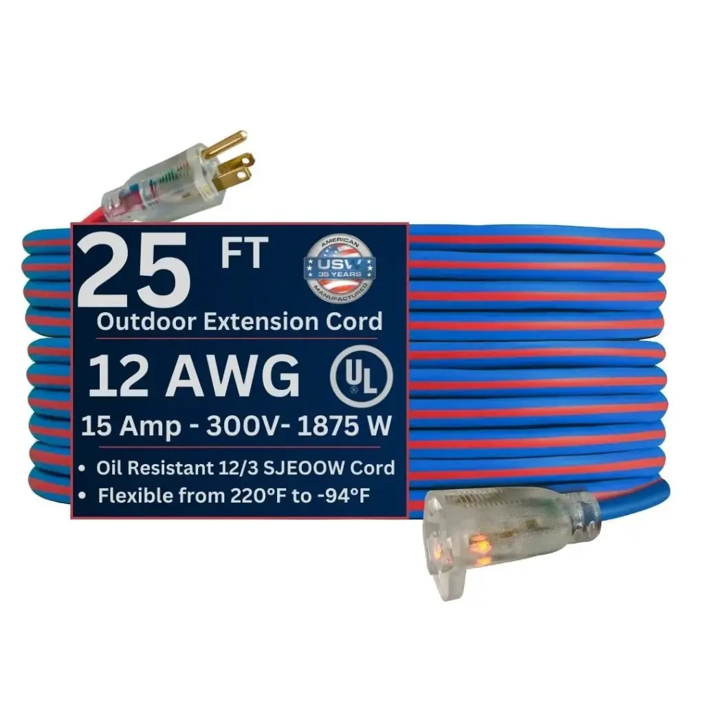 25Ft 12/3 SJEOW Extreme/Cold Weather Extension Cord Red/Blue