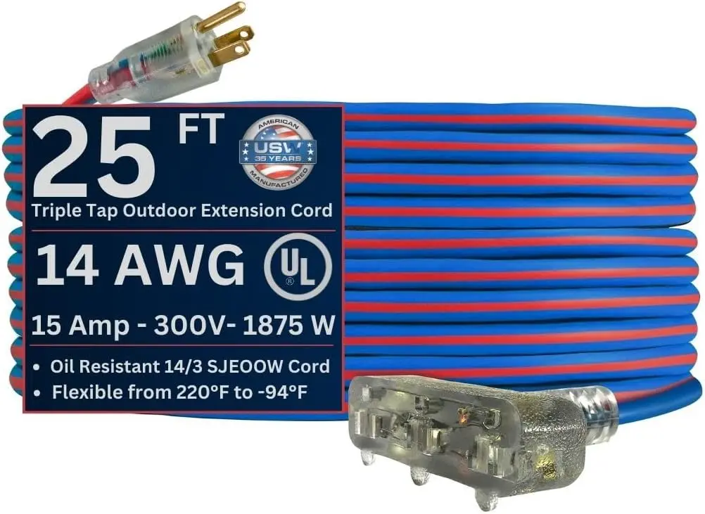 25Ft 12/3 SJEOW Extreme/Cold Weather Triple Tap Extension Cord Red/Blue