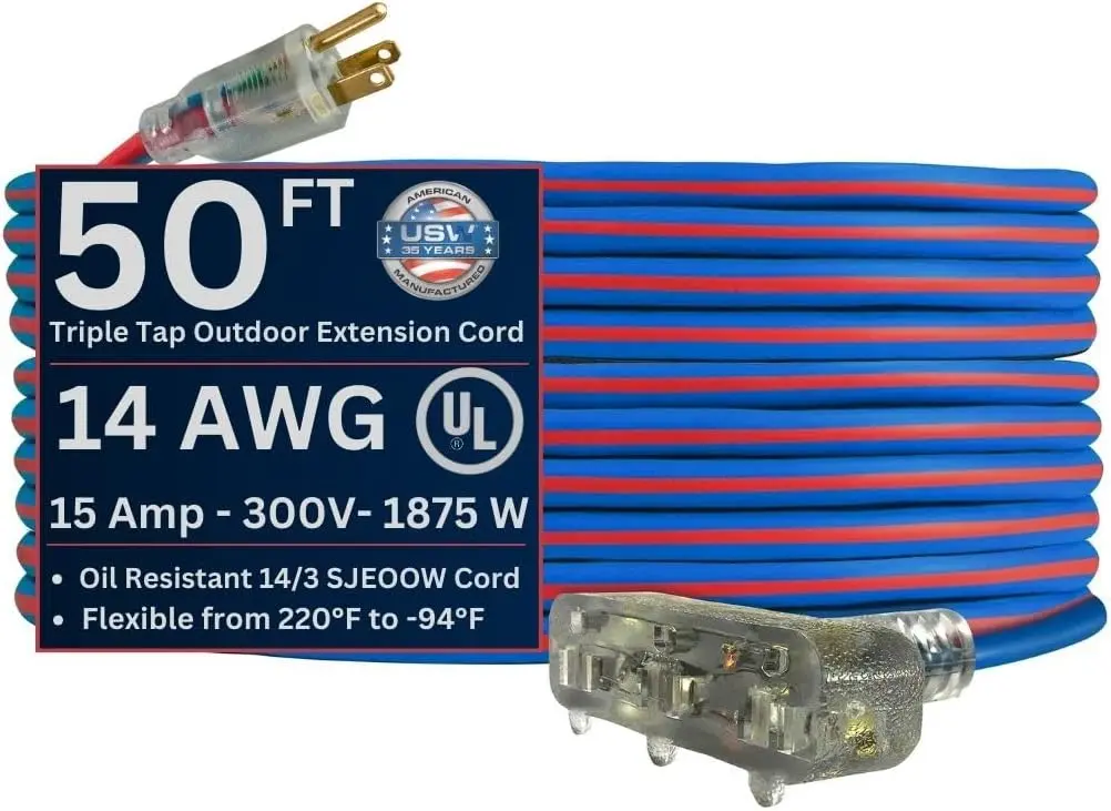 50Ft 12/3 SJEOW Extreme/Cold Weather Triple Tap Extension Cord Red/Blue