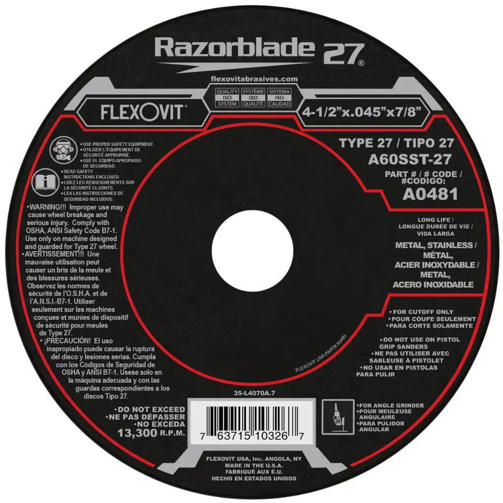 4-1/2 X .045 X 7/8" T-27 Razorblade Cutoff Wheel (Flexovit USA)