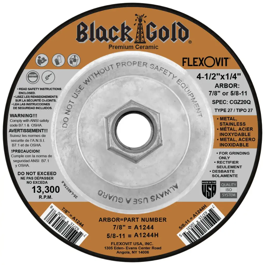 4-1/2" X 1/4" X 5/8-11 T-27 BLACK GOLD Ceramic Grinding Wheel (Flexovit USA)