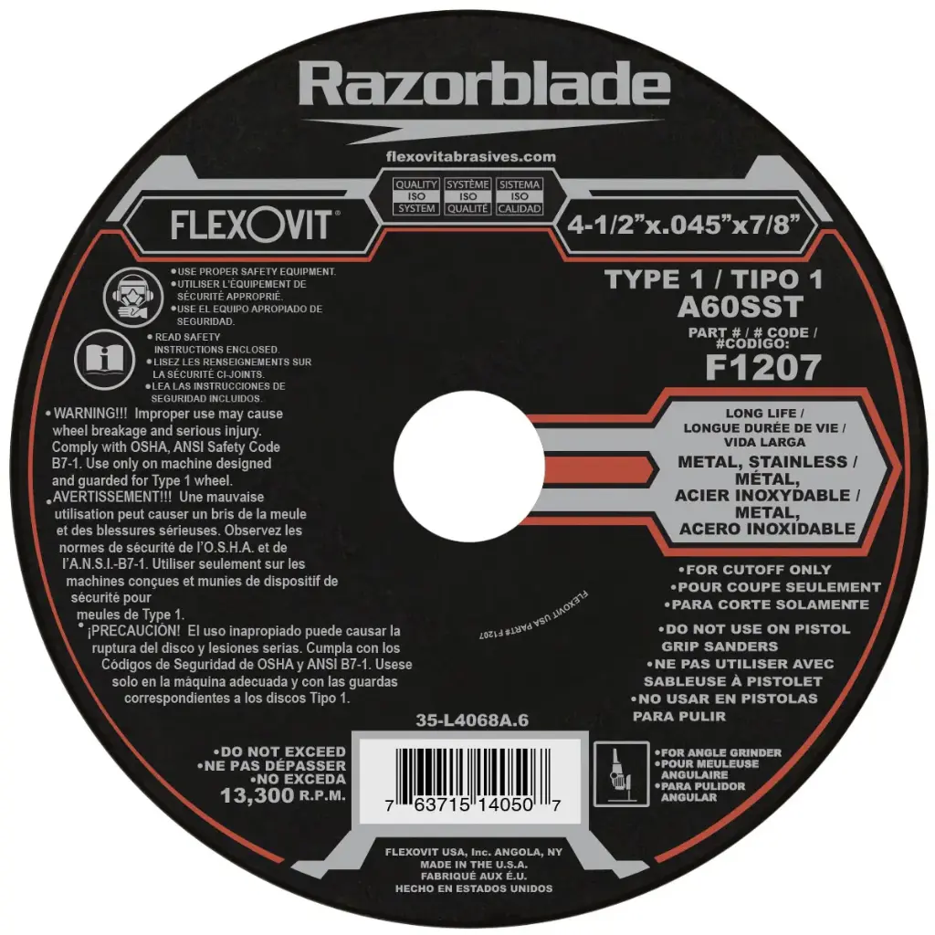 4-1/2" X .045 X 7/8" T-1 Razorblade Cutoff Wheel (Flexovit USA)