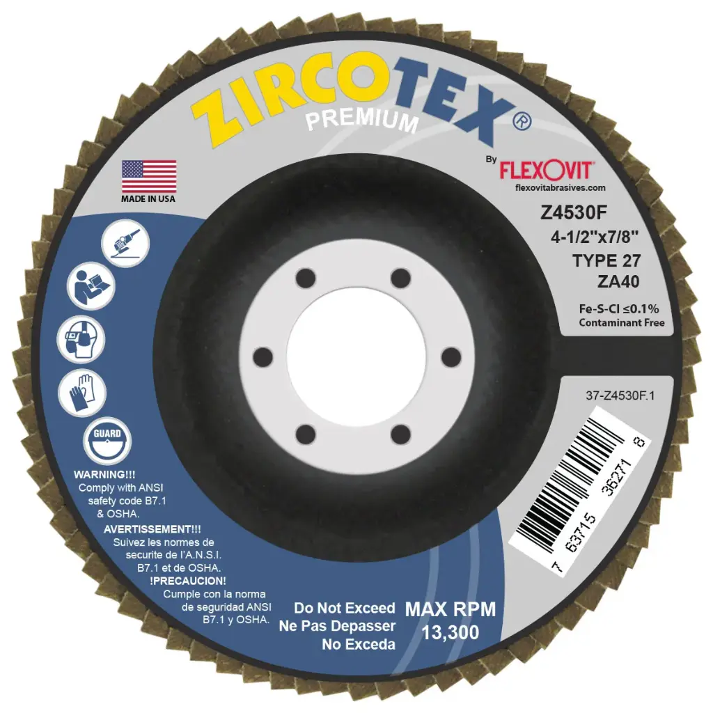 4-1/2" X 7/8" T-27 40 Grit Zircotex Flap Disc (Flexovit USA)