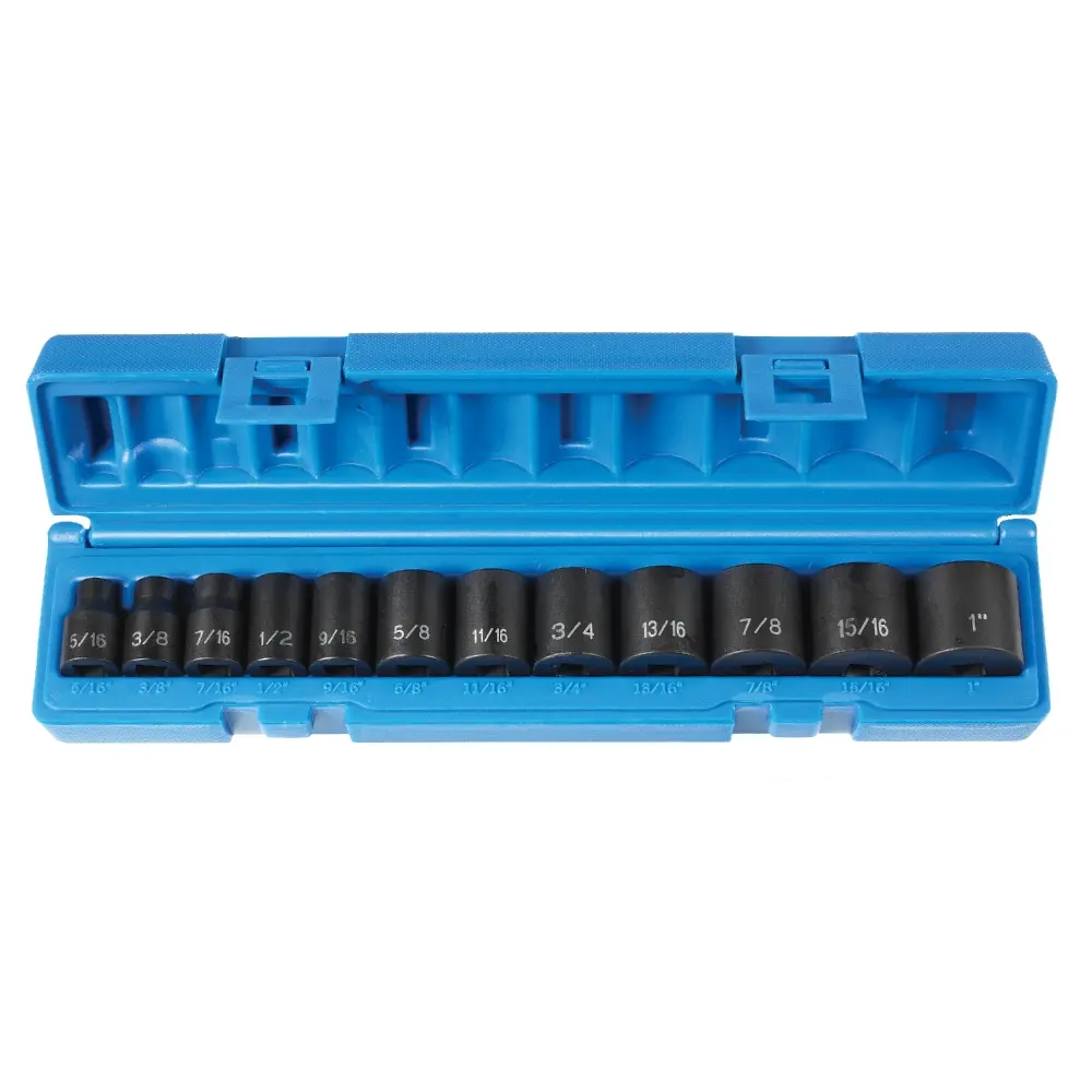 12Pc SAE 3/8" Dr. 6pt Shallow Impact Socket Set [5/16"-1"] (Grey Pneumatic)