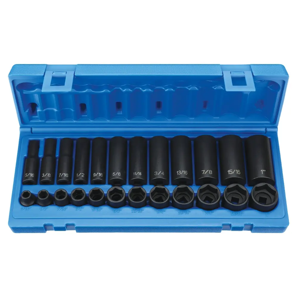 24Pc SAE 3/8" Dr. 6pt Shallow/Deep Impact Socket Set [5/16"-1"] (Grey Pneumatic)