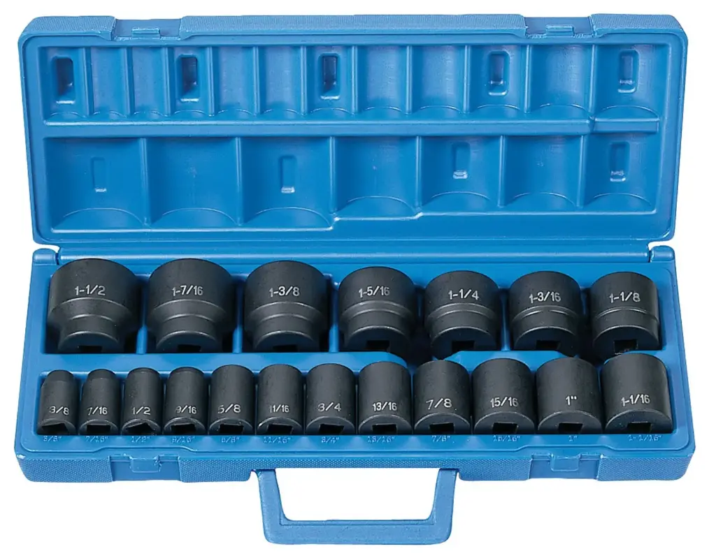 19Pc 1/2" Dr. 6 Pt. SAE Shallow Impact Socket Set [3/8" to 1-1/2"] (Grey Pneumatic)