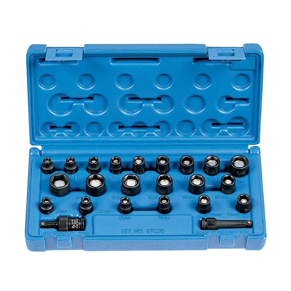 23Pc SAE/Metric 1/4" Dr. Magnetic Impact Socket Set [5mm-15mm & 3/16"-1/2"] (Grey Pneumatic)