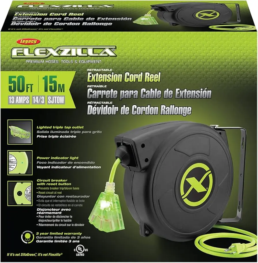 50Ft 14/3 Retractable Extension Cord Reel W/Grounded Triple Tap Outlet [ZillaGreen] (Legacy/Flexzilla)