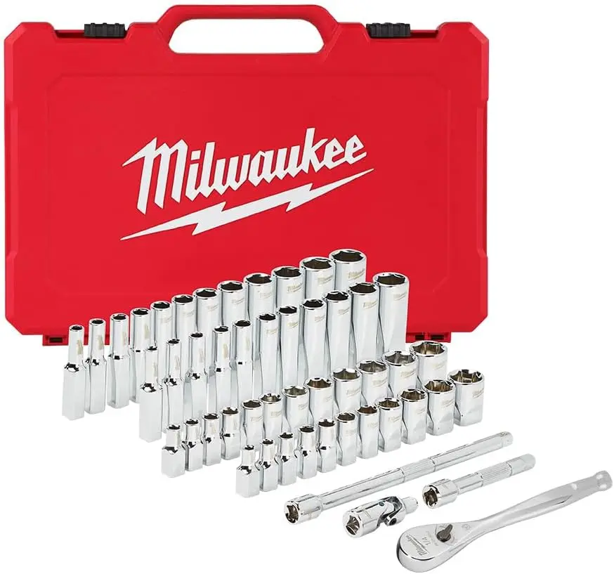 50Pc SAE/Metric 1/4" Dr. 6pt Deep/Shallow Chrome Socket & Ratchet Set [5mm-15mm/5/32"-9/16"] (Milwaukee)