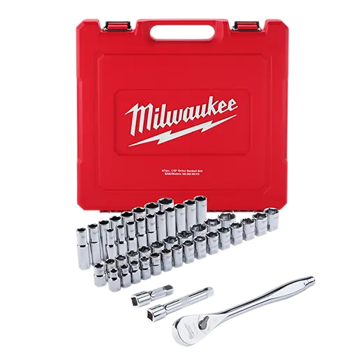 47Pc SAE/Metric 1/2" Dr. 6pt Deep/Shallow Chrome Socket & Ratchet Set [10mm-24mm/1/2"-15/16"] (Milwaukee)