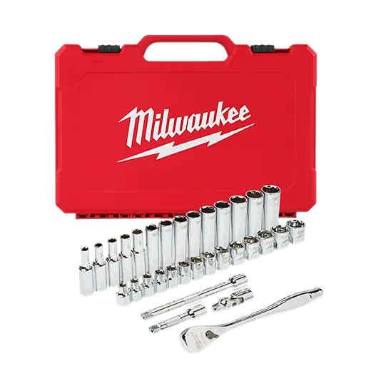 47Pc SAE 1/2" Dr. 6pt Deep/Shallow Chrome Socket & Ratchet Set [10mm-24mm/1/2"-1-1/8"] (Milwaukee)