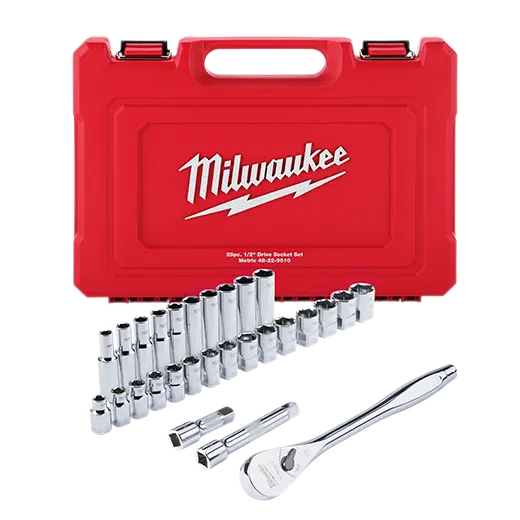 47Pc SAE/Metric 1/2" Dr. 6pt Deep/Shallow Chrome Socket & Ratchet Set [10mm-24mm/1/2"-1-1/8"] (Milwaukee)