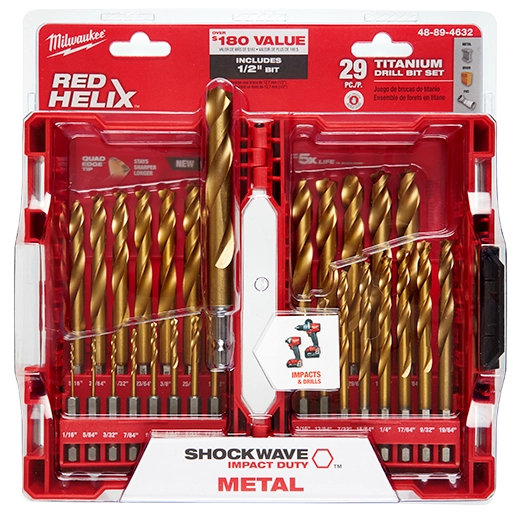 29Pc Titanium Drill Bit Set W/1/4" Hex Shank [1/16"-1/2" (Milwaukee)