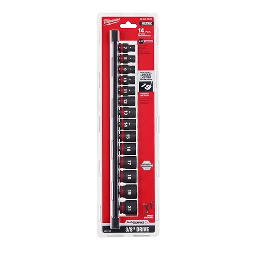 14Pc Metric 3/8" Dr. 6pt Shallow Impact Socket Set W/Rail [7mm-21mm] (Milwaukee)