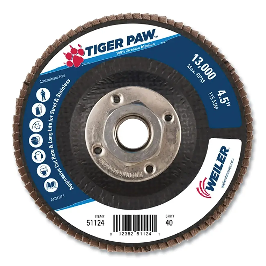 4-1/2" X 5/8-11 X 40 Grit Zirconium Alumina Type 29 Flap Disc (Weiler/Tiger Paw)
