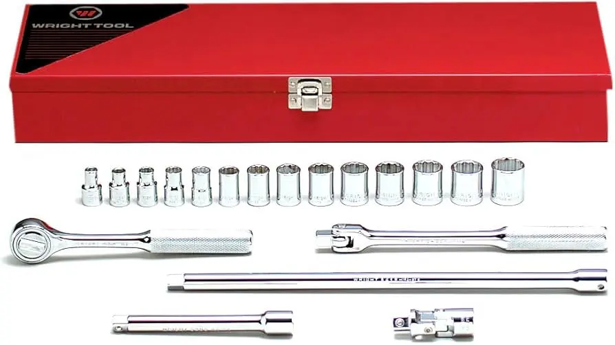 19Pc Metric 3/8" Dr. 6pt Shallow Chrome Socket Set [6mm-19mm] W/Ratchet, Breaker Bar, Extensions & Metal Box (Wright/USA)