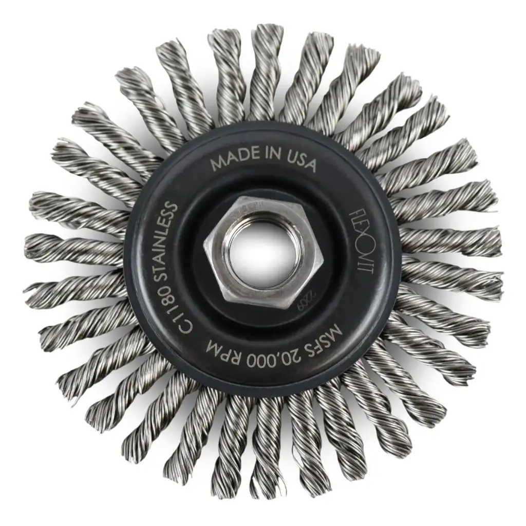 4" X 1/4 X 5/8-11 Stringer Bead Knotted Wire Wheel .020 Stainless Steel Wire (Flexovit USA)