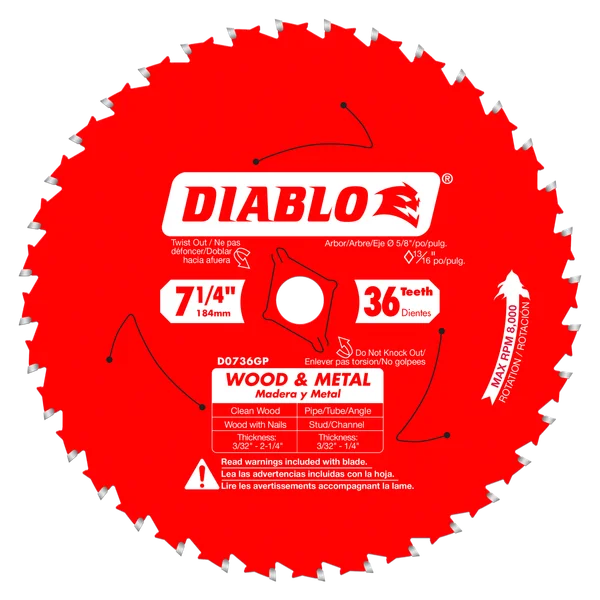 7-1/4" X 36 Tooth Wood & Metal Carbide Tipped Circular Saw Blade (Diablo)