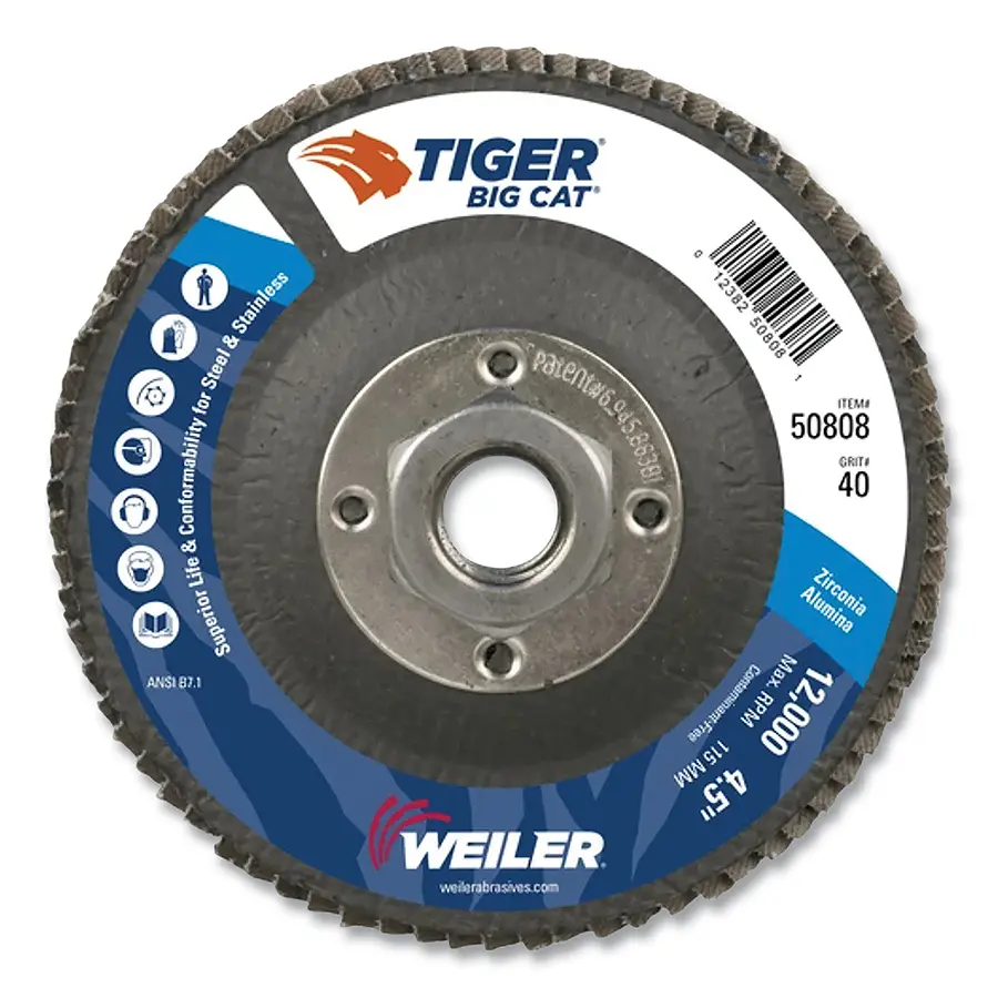 4-1/2" X 5/8-11 X 40 Grit High Density Zirconium Alumina Type 27 Flap Disc (Weiler/Big Cat)