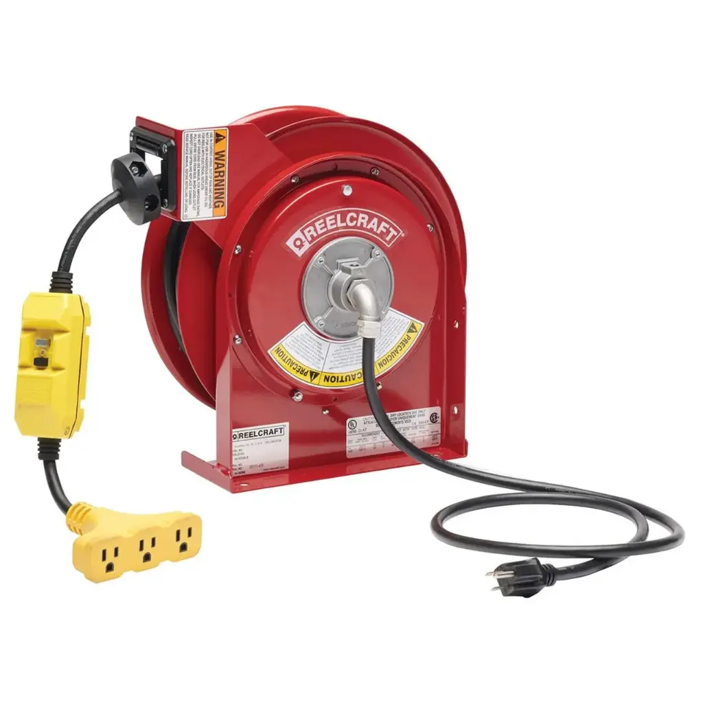 45Ft 12/3 Retractable Extension Cord Reel W/Triple Tap Outlet W/GFCI [15A] (Reelcraft)