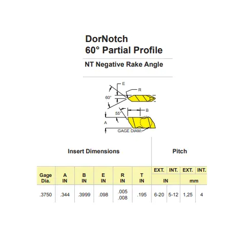 No.3 DorNotch NT Right Threading Insert Neutral-60° "V" Thread" (Dorian Tool Intl) #NT-3R-DVK10