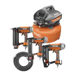 4Pc Pneumatic Combo Set includes 6 Gallon Electric Air Compressor, 18Ga Brad Nailer, 16Ga Straight Finigh Nailer & 18Ga Finish Stapler (RIDGID)