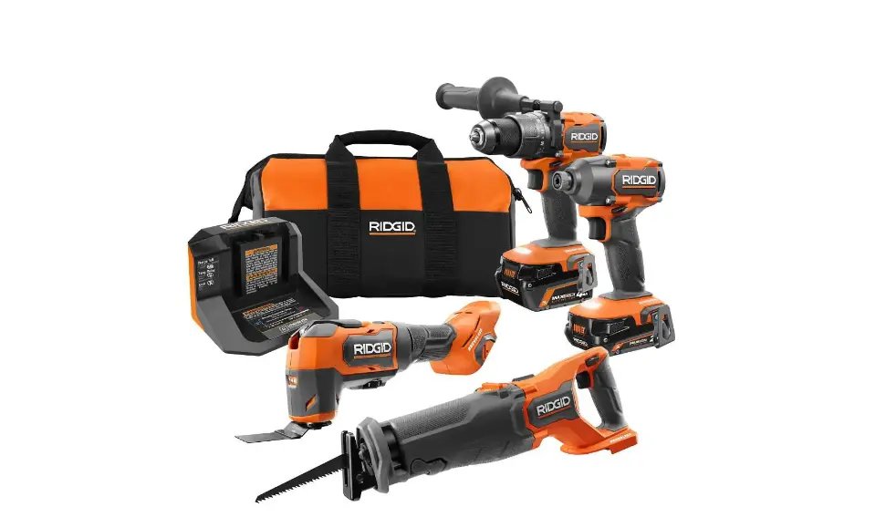 18V 4-Tool Combo Kit W/Drill, Impact Driver, Multi-Tool, Recip Saw, [1] 4.0Ah & [1] 2.0Ah MAX Output Batteries, Charger & Bag (RIDGID)