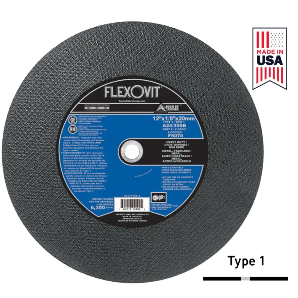 12" X 1/8" X 20mm Arbor High Speed Cut-Off Wheel Type 1 (Flexovit USA)
