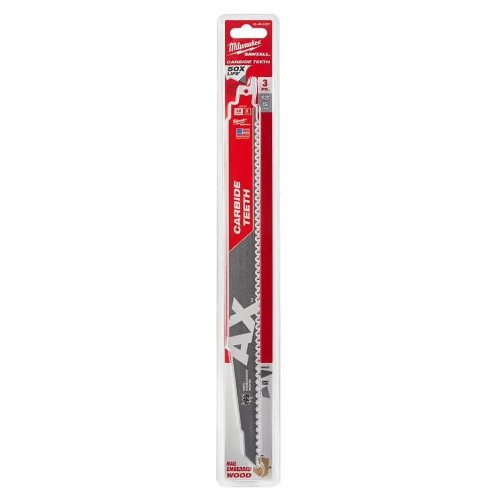 3Pk 12" X 5T The AX Carbide Tooth Sawzall Blade (Milwaukee)