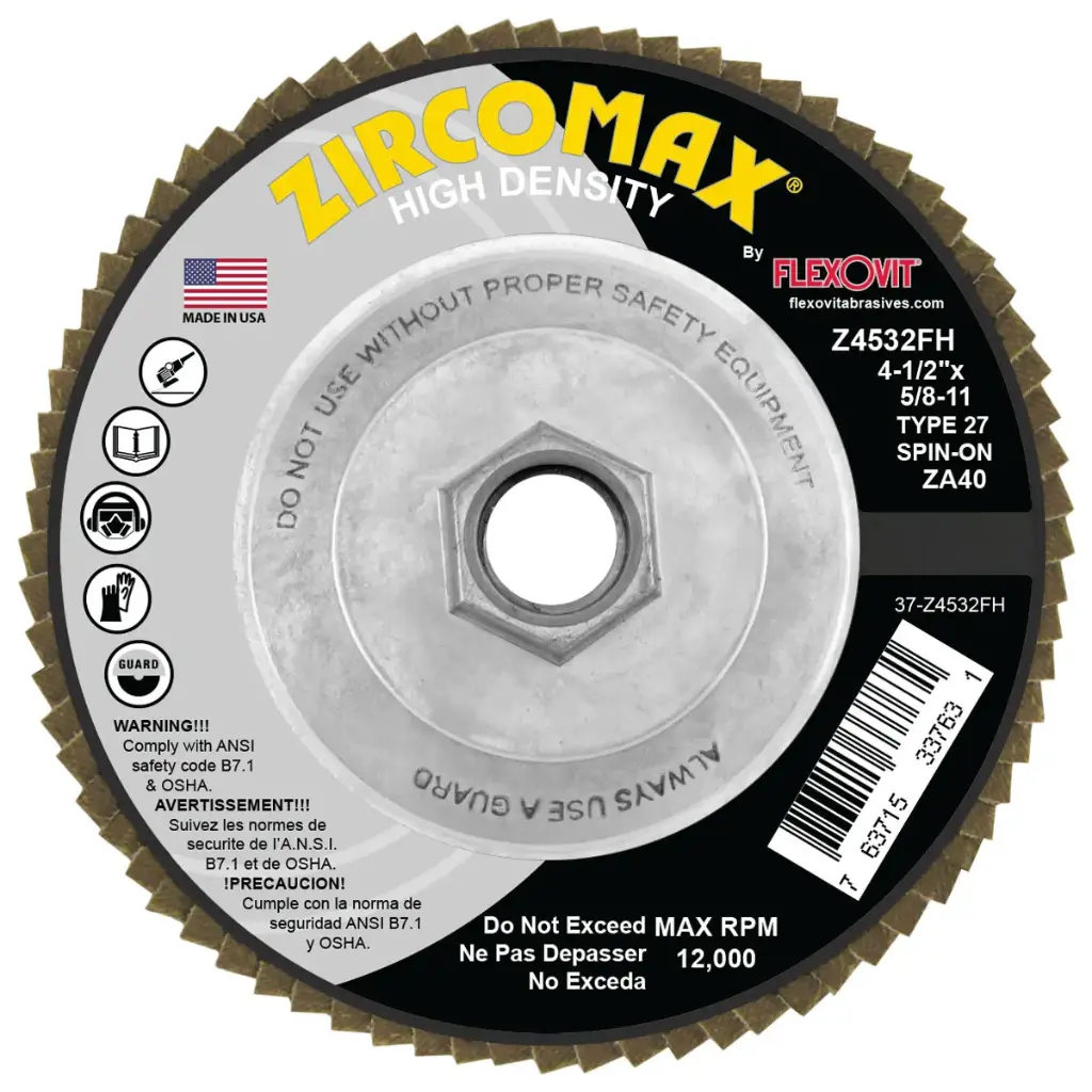 4-1/2" X 5/8-11 T-27 40 Grit ZircoMAX High Density Flap Disc (Flexovit USA)
