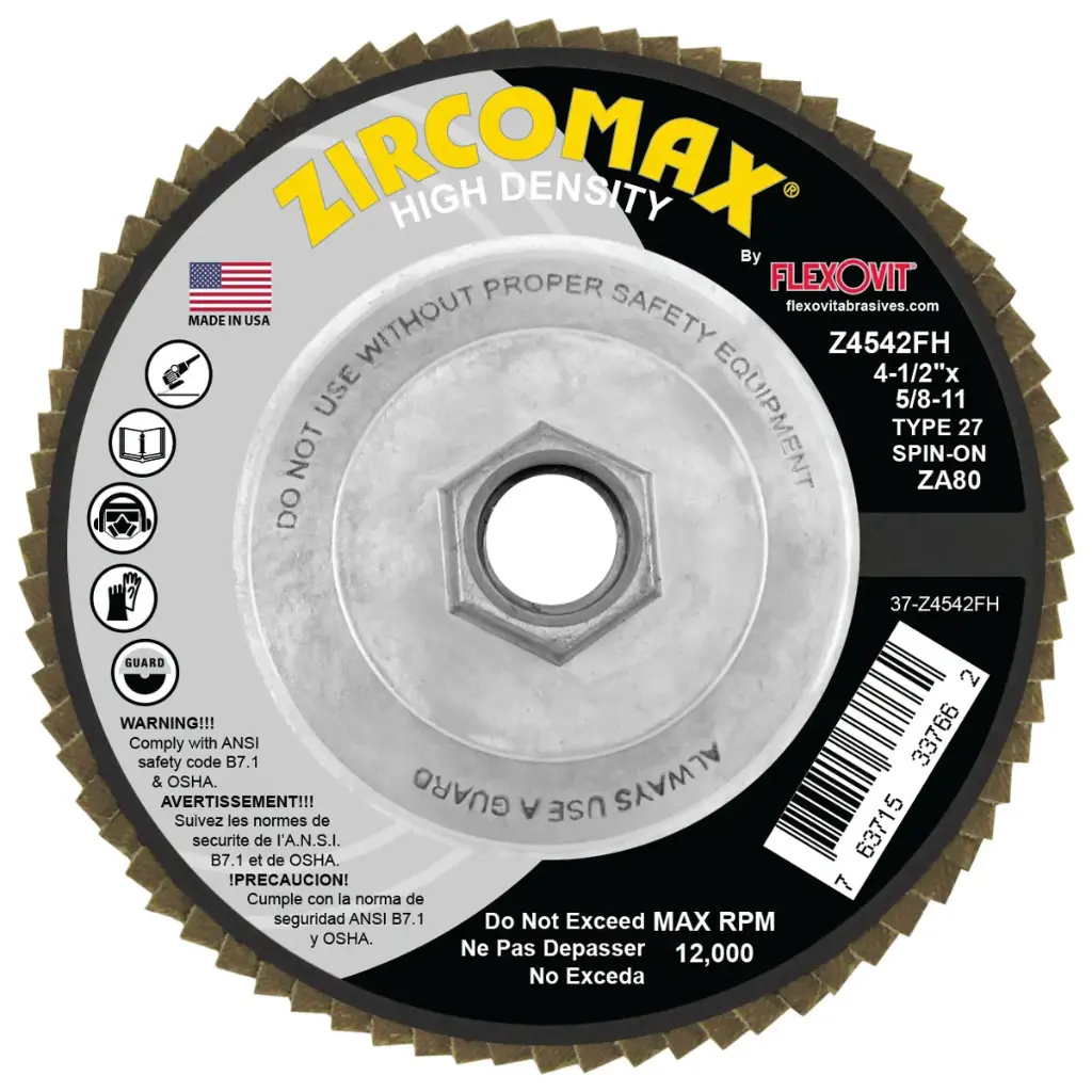4-1/2" X 5/8-11 T-27 80 Grit ZircoMAX High Density Flap Disc (Flexovit USA)