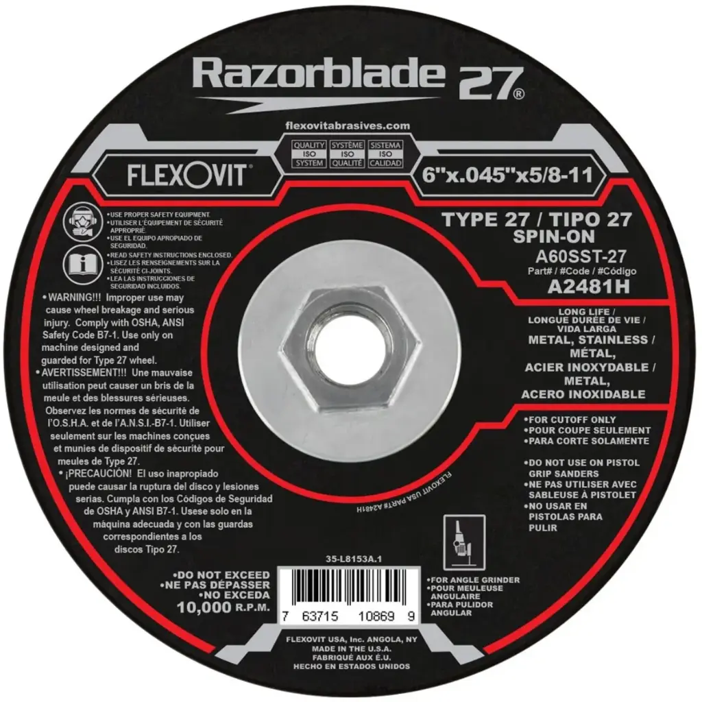 6" X .045 X 5/8-11" T-27 Razorblade Cutoff Wheel (Flexovit USA)