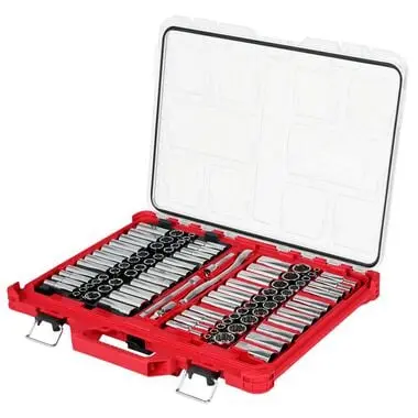 98Pc 3/8" SAE/Metric 6/12 Point Chrome Socket Set & Ratchet  in Low Profile PACKOUT Organizer (Milwaukee)
