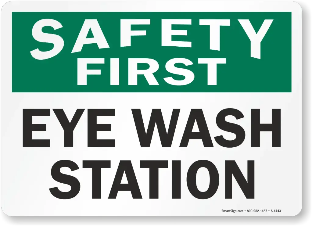 7" x 10" Plastic Sign "Safety First Eye Wash Station" [Black/Green on White]