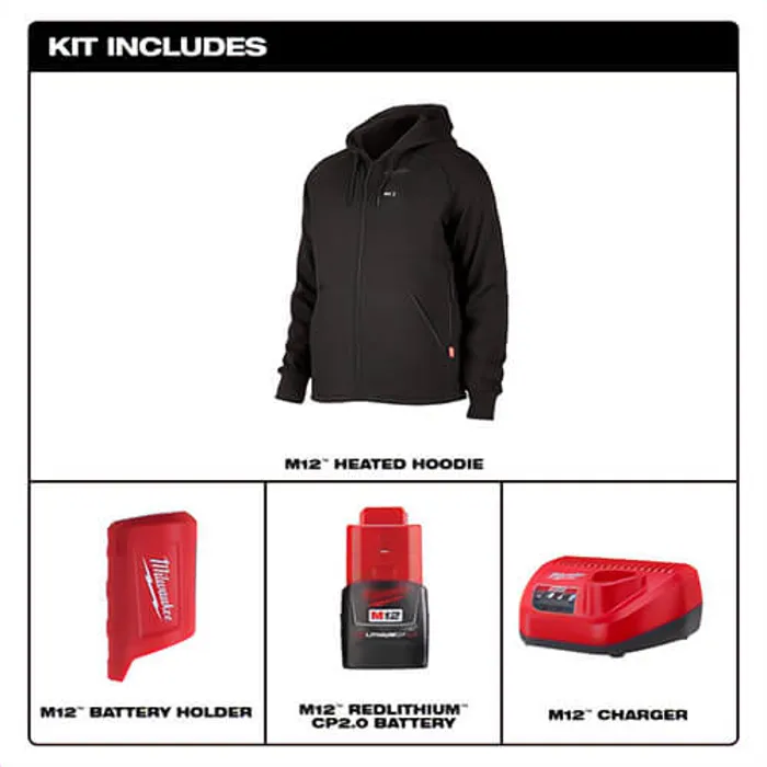 M12 Men's X-Large Black Heated Jacket Hoodie Kit W/[1] 2.0 Battery & Charger (Milwaukee)