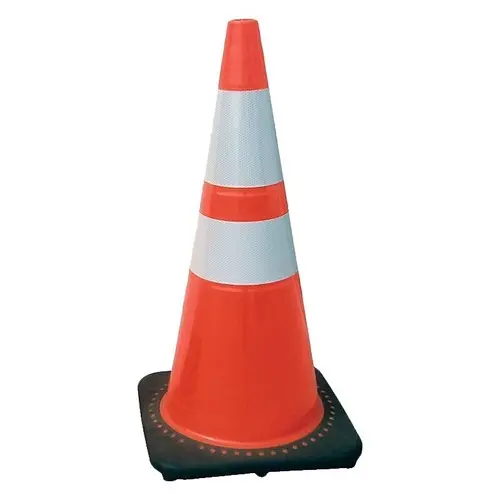 28" Traffic Cone W/4 & 6" Reflective Stripes & Rubberized Black Base [Dayglow Orange] 10lb (TruForce)