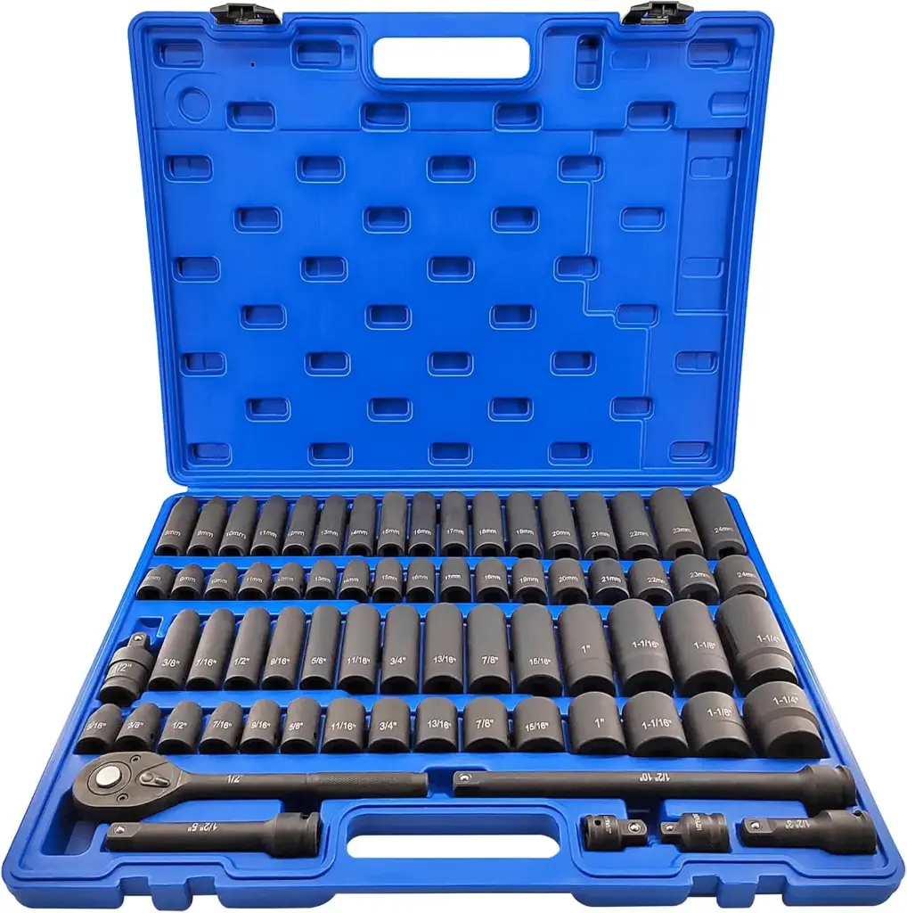 70Pc 1/2" Drive Deep/Shallow Impact Socket Set [5/16"-1-1/4" / 8mm-24mm] W/Extension Bars, Adapters & Ratchet (MacWork)