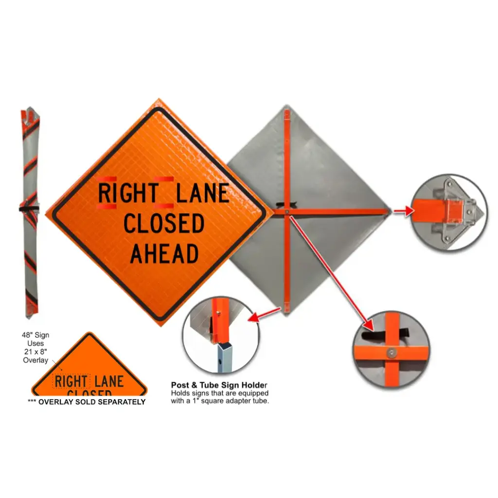 48" x 48" Super Bright Roll-Up Sign W/1" Square Post [RIGHT LANE CLOSED AHEAD] Velcro Compatible (Dicke)