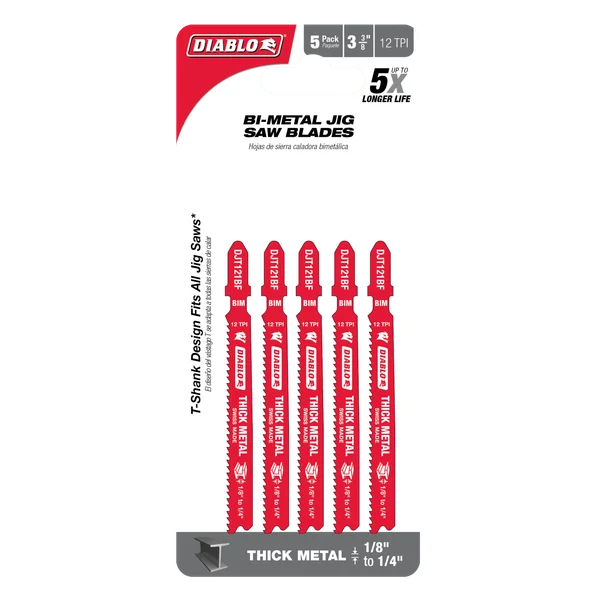 5Pk 3-3/8" X 12 Tooth Bi-Metal T-Shank Jigsaw Blade (Diablo)