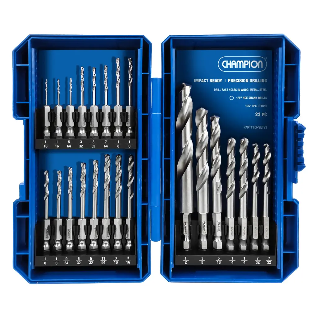 23Pc Impact Ready 1/4" Hex Shank Drill Bit Set [1/16" thru 1/2"] (Champion/USA)
