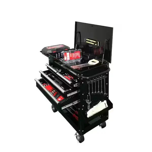 33" Tool Storage Mechanics Cart W/Extended Side Table & Bottle Tray (Husky)