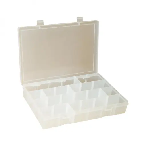 [DUR-LPADJ-CLEAR] Adjustable Compartment Plastic Box [WxDxH:13-1/8 x 9 x 2-5/16] (Durham)