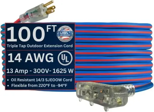 [EXTCORD100EXPB] 100Ft 12/3 SJEOW Extreme/Cold Weather Triple Tap Extension Cord Red/Blue