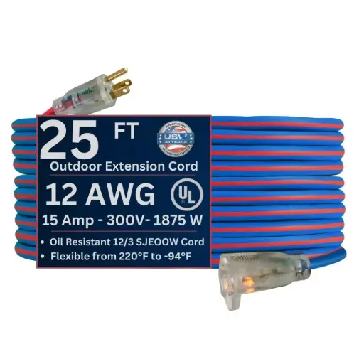 [EXTCORD25EX] 25Ft 12/3 SJEOW Extreme/Cold Weather Extension Cord Red/Blue