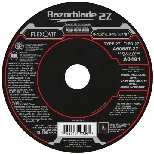 [FLXA0481] 4-1/2 X .045 X 7/8" T-27 Razorblade Cutoff Wheel (Flexovit USA)