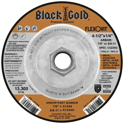 [FLXA1244H] 4-1/2" X 1/4" X 5/8-11 T-27 BLACK GOLD Ceramic Grinding Wheel (Flexovit USA)