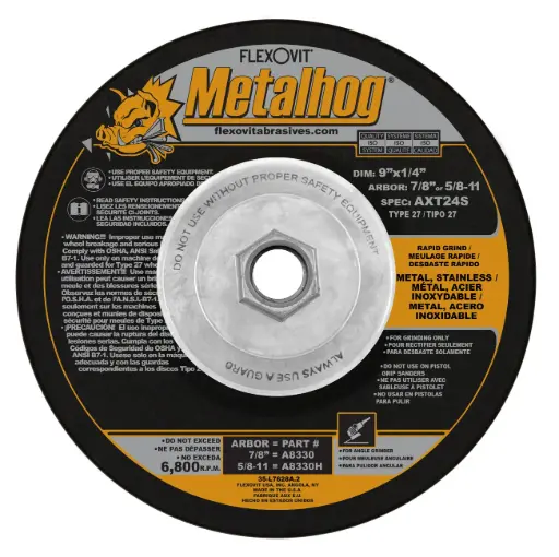 [FLXA8330H] 9" X 1/4 X 5/8-11 T-27 Grinding Wheel Metalhog (Flexovit USA)