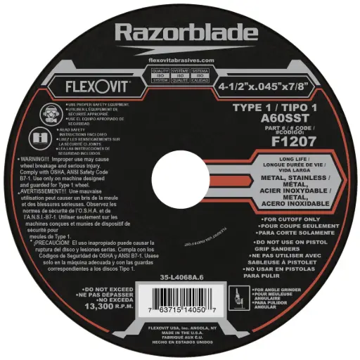 [FLXF1207] 4-1/2" X .045 X 7/8" T-1 Razorblade Cutoff Wheel (Flexovit USA)